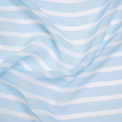 Crinkled Silk Chiffon Print - Sky Blue and White Horizontal Stripes - Deadstock