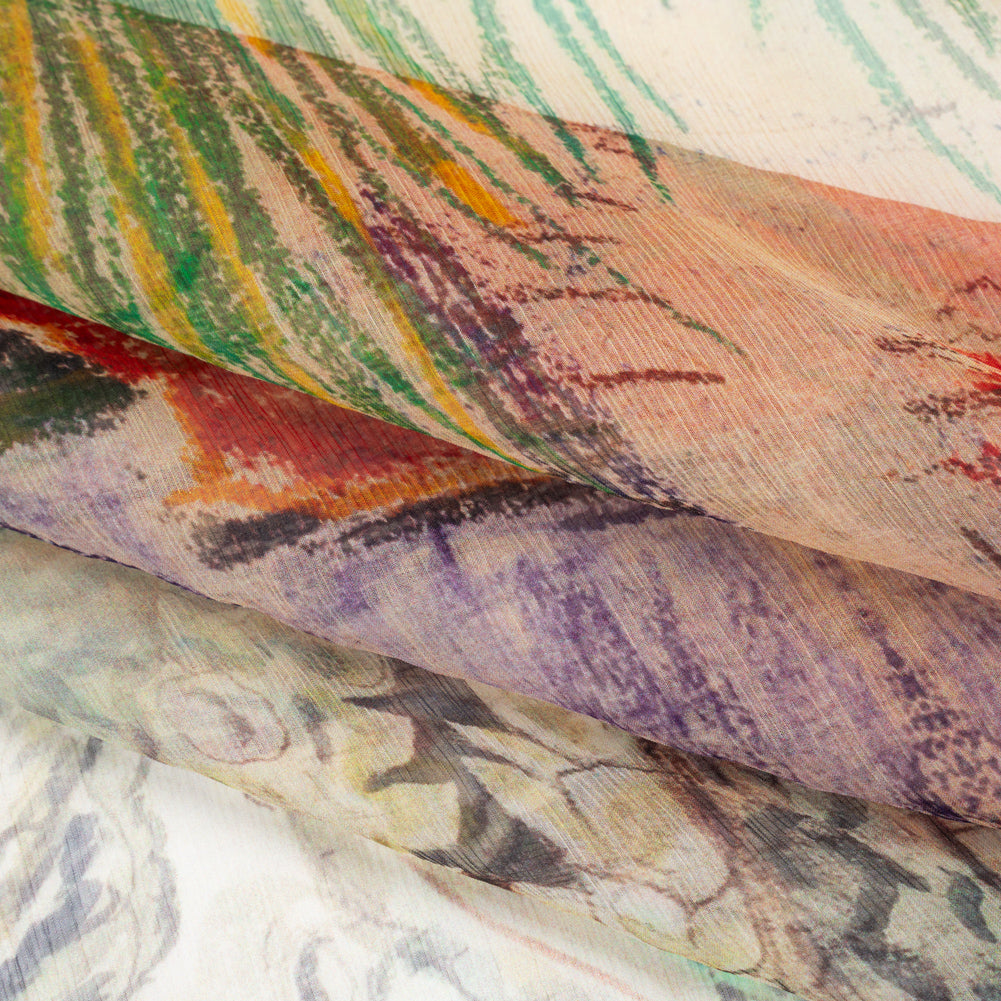 Crinkled Silk Chiffon Panel - Beige, Green and Red Leaves and Sketch of the Village - Deadstock - Folded