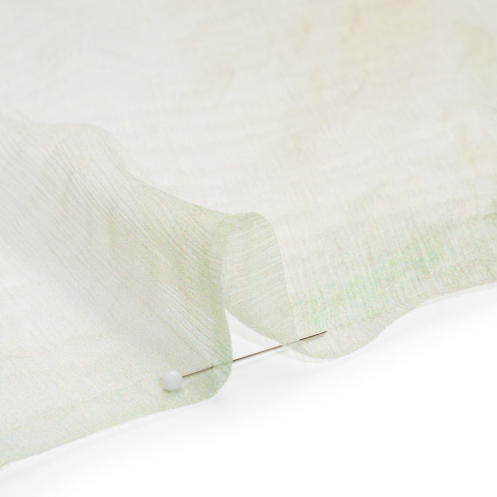 Crinkled Silk Chiffon Panel - Beige, Green and Red Leaves and Sketch of the Village - Deadstock - Detail