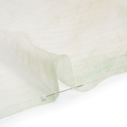 Crinkled Silk Chiffon Panel - Beige, Green and Red Leaves and Sketch of the Village - Deadstock