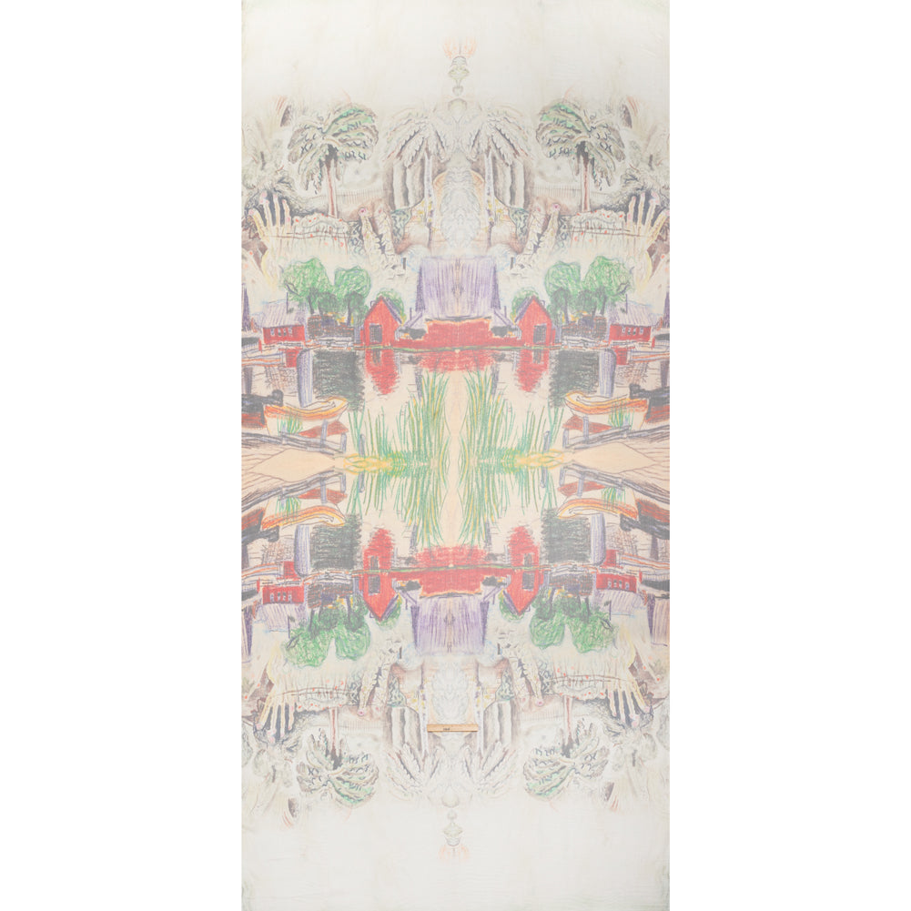Crinkled Silk Chiffon Panel - Beige, Green and Red Leaves and Sketch of the Village - Deadstock - Full