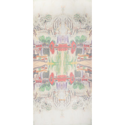 Crinkled Silk Chiffon Panel - Beige, Green and Red Leaves and Sketch of the Village - Deadstock