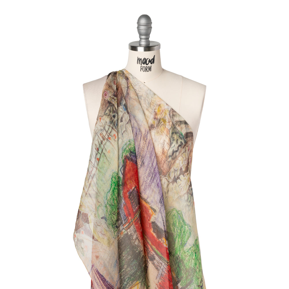 Crinkled Silk Chiffon Panel - Beige, Green and Red Leaves and Sketch of the Village - Deadstock - Drape