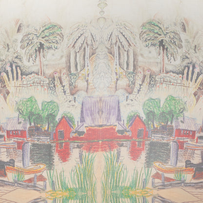 Crinkled Silk Chiffon Panel - Beige, Green and Red Leaves and Sketch of the Village - Deadstock