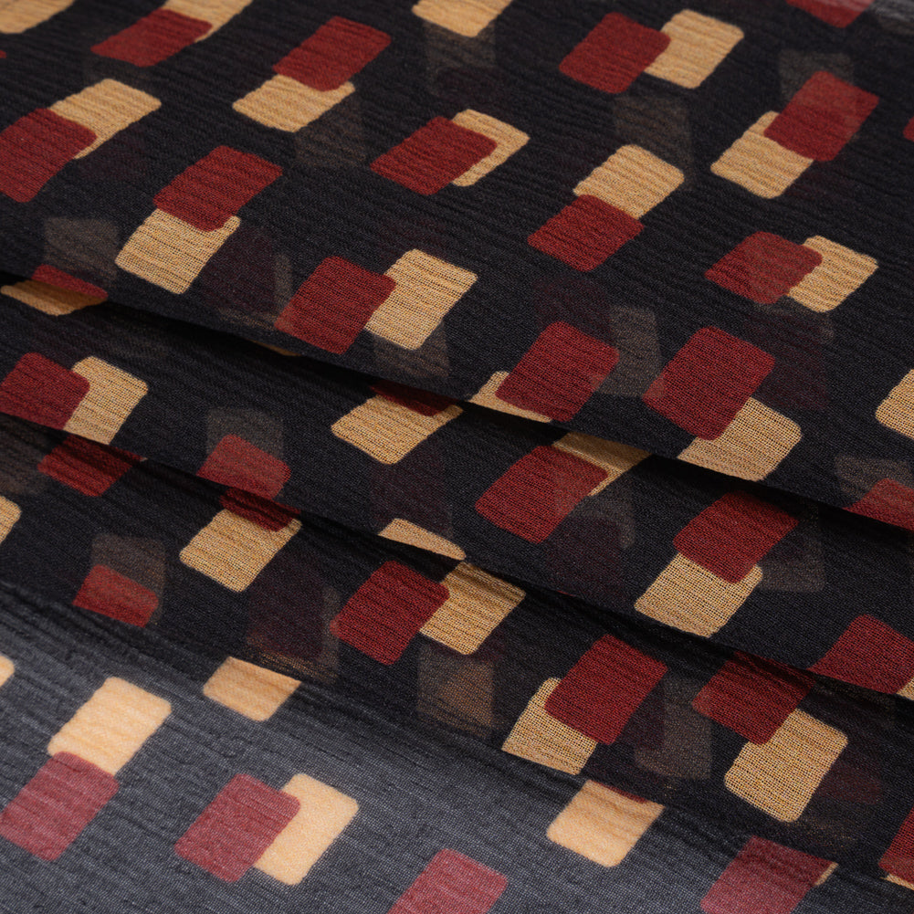 Crinkled Silk Chiffon Print - Black, Burgundy and Beige Overlapping Rectangles - Deadstock - Folded