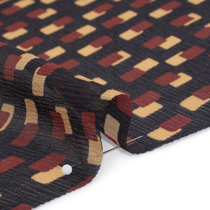 Crinkled Silk Chiffon Print - Black, Burgundy and Beige Overlapping Rectangles - Deadstock