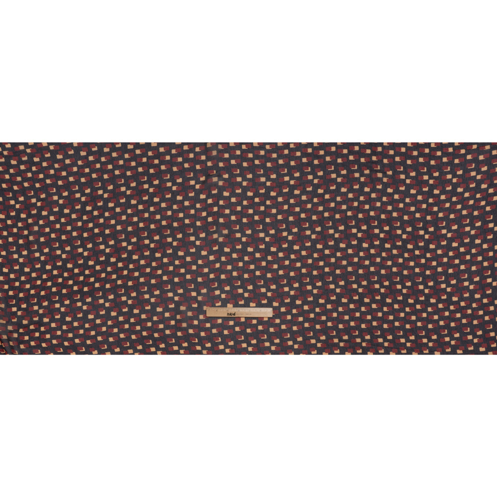 Crinkled Silk Chiffon Print - Black, Burgundy and Beige Overlapping Rectangles - Deadstock - Full