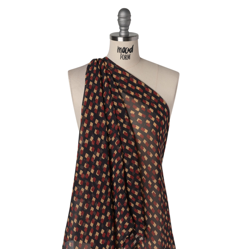 Crinkled Silk Chiffon Print - Black, Burgundy and Beige Overlapping Rectangles - Deadstock - Drape