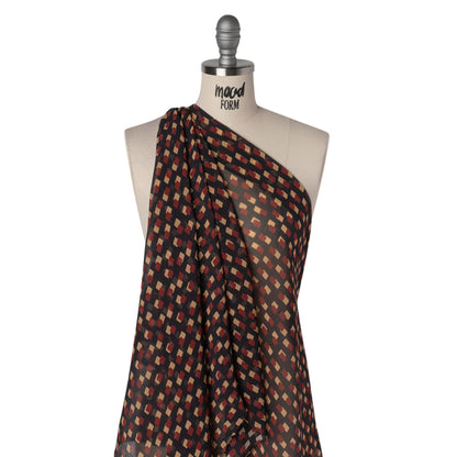 Crinkled Silk Chiffon Print - Black, Burgundy and Beige Overlapping Rectangles - Deadstock
