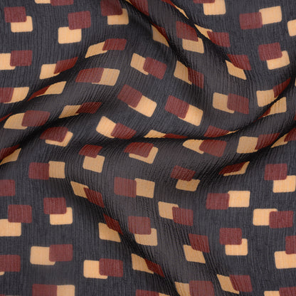 Crinkled Silk Chiffon Print - Black, Burgundy and Beige Overlapping Rectangles - Deadstock