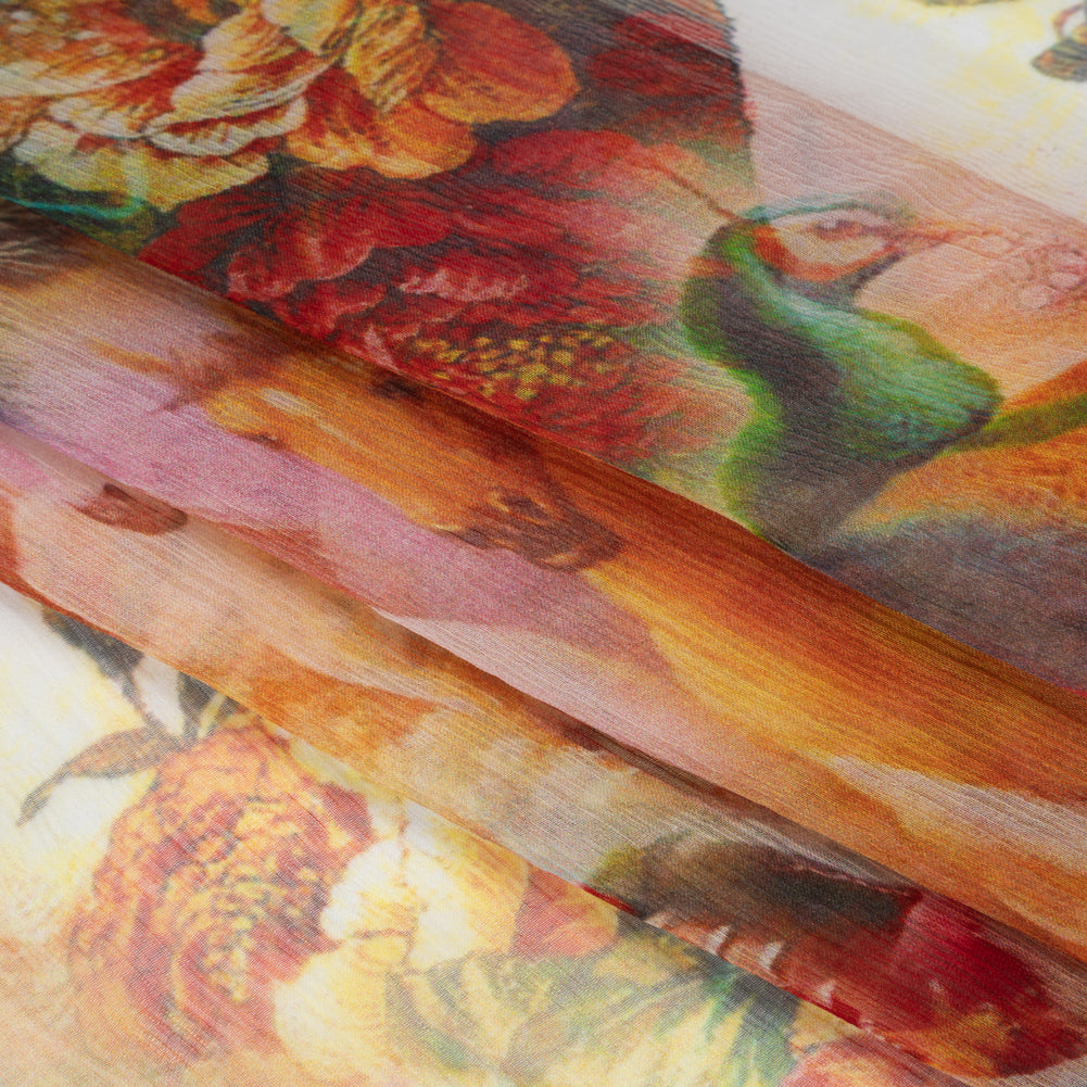 Crinkled Silk Chiffon Print - Green, Gold, and Red Flowers and Animals - Deadstock