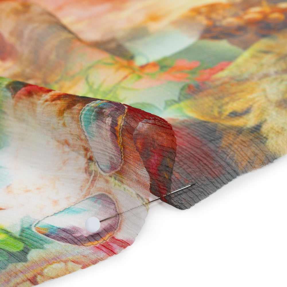 Crinkled Silk Chiffon Print - Green, Gold, and Red Flowers and Animals - Deadstock