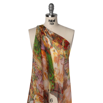 Crinkled Silk Chiffon Print - Green, Gold, and Red Flowers and Animals - Deadstock