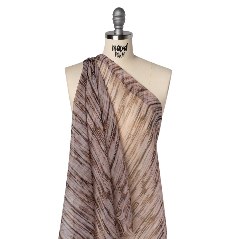 Crinkled Silk Chiffon Print - Lilac Gray, Brown and Black Feathery Stripes - Deadstock