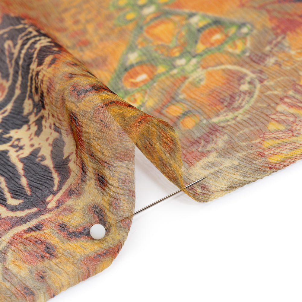Crinkled Silk Chiffon Print - Golden Orange, Brown and Lime Green Abstract and Medallions - Deadstock - Detail