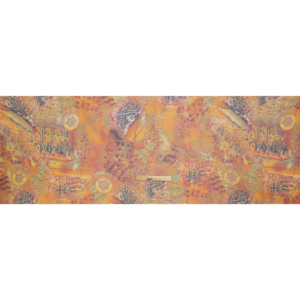 Crinkled Silk Chiffon Print - Golden Orange, Brown and Lime Green Abstract and Medallions - Deadstock - Full