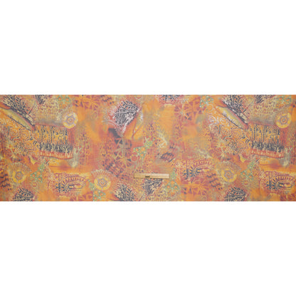 Crinkled Silk Chiffon Print - Golden Orange, Brown and Lime Green Abstract and Medallions - Deadstock