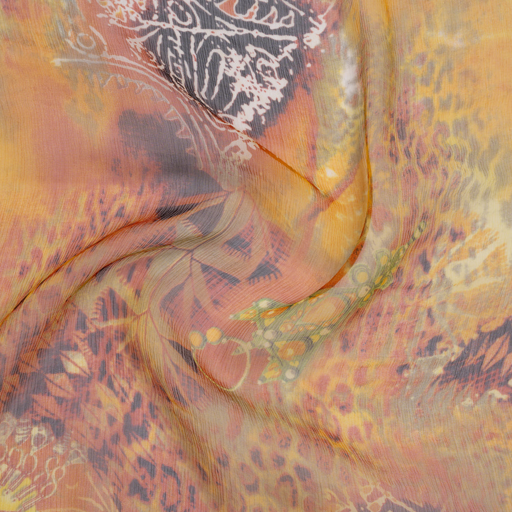 Crinkled Silk Chiffon Print - Golden Orange, Brown and Lime Green Abstract and Medallions - Deadstock