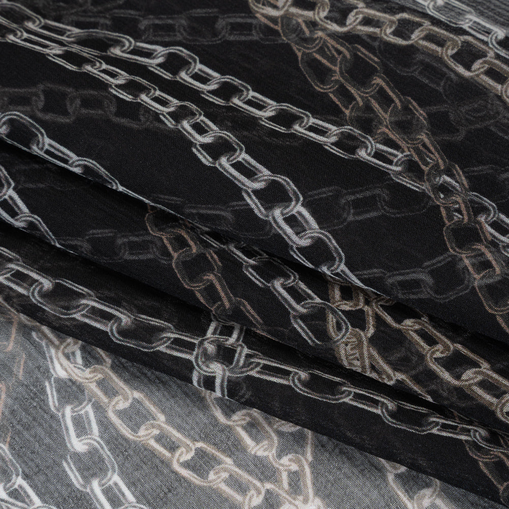 Crinkled Silk Chiffon Print - Black and Silver Chains - Deadstock