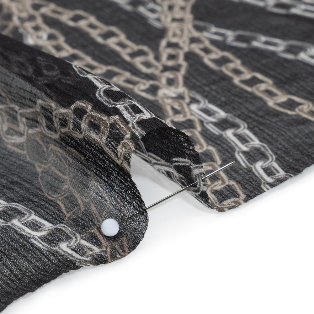 Crinkled Silk Chiffon Print - Black and Silver Chains - Deadstock