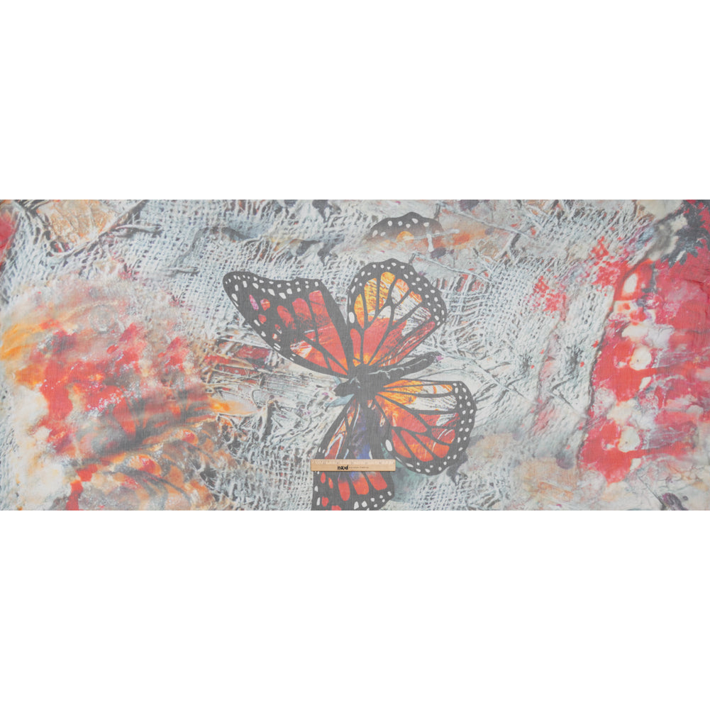 Crinkled Silk Chiffon Print - Red, Black and Yellow Large Butterfly - Deadstock