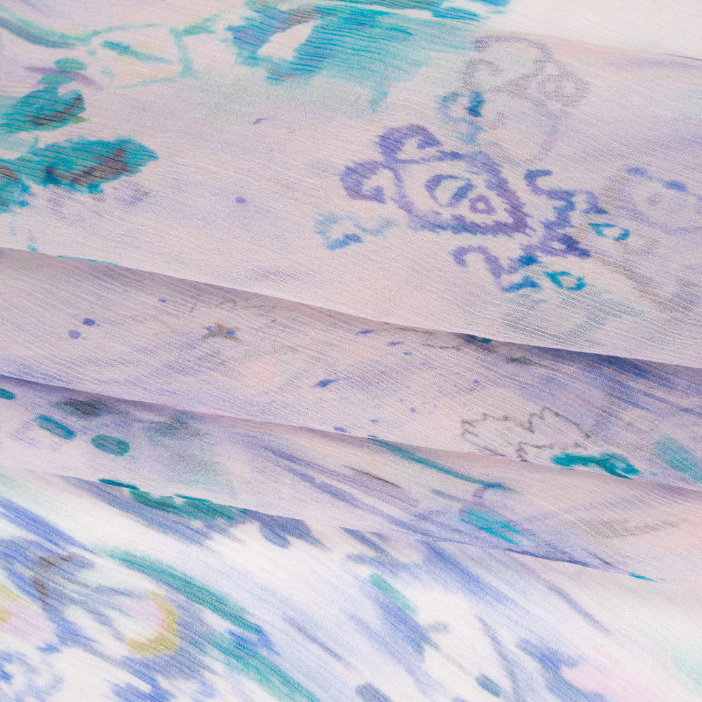 Crinkled Silk Chiffon Print - Pale Pink, Blue and Teal Green Ikat Geometric and Florals - Deadstock