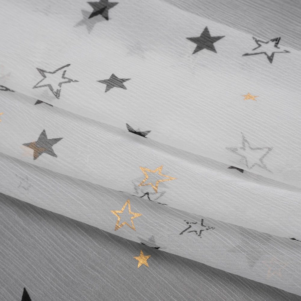Crinkled Silk Chiffon Print - White, Black and Metallic Gold Stars - Deadstock