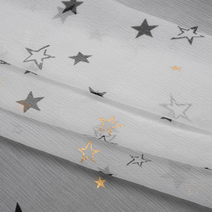 Crinkled Silk Chiffon Print - White, Black and Metallic Gold Stars - Deadstock