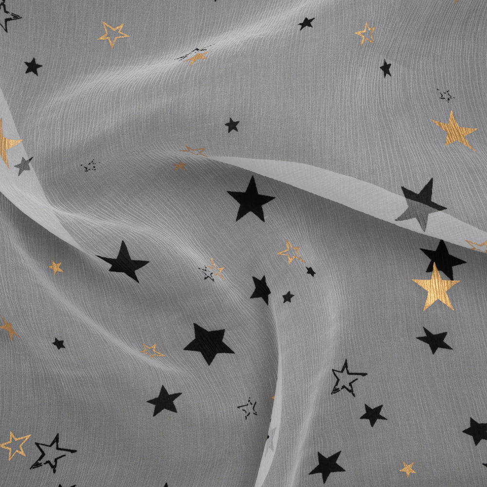 Crinkled Silk Chiffon Print - White, Black and Metallic Gold Stars - Deadstock