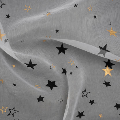 Crinkled Silk Chiffon Print - White, Black and Metallic Gold Stars - Deadstock