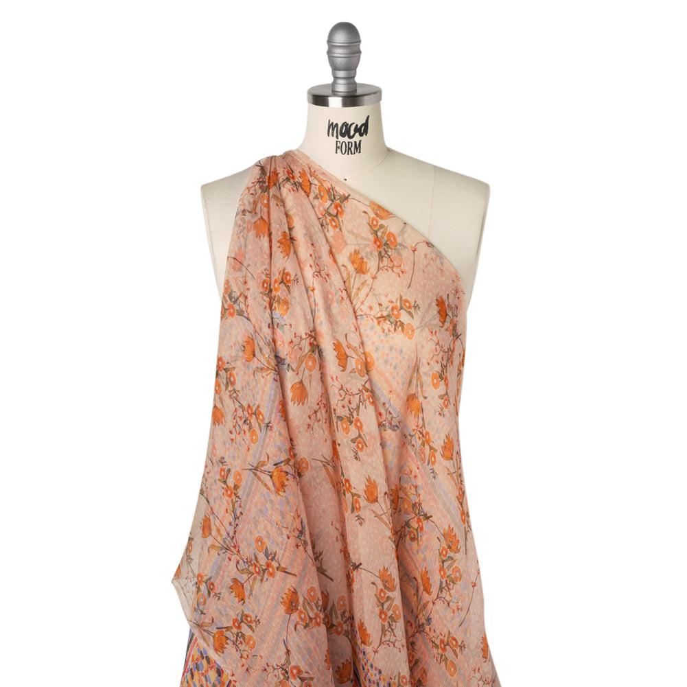 Crinkled Silk Chiffon Panel - Peachy Pink, Blue and Yellow Floral and Peacock Feathers - Deadstock - Drape