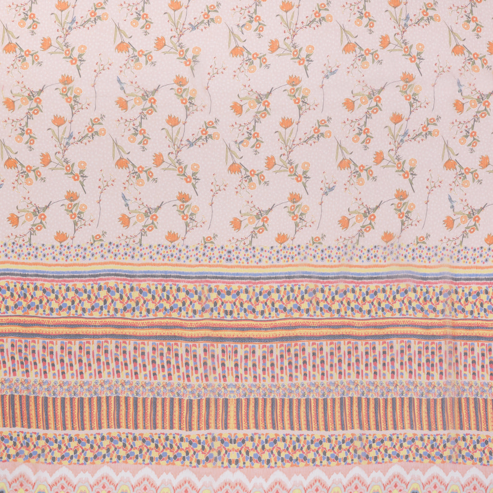Crinkled Silk Chiffon Panel - Peachy Pink, Blue and Yellow Floral and Peacock Feathers - Deadstock