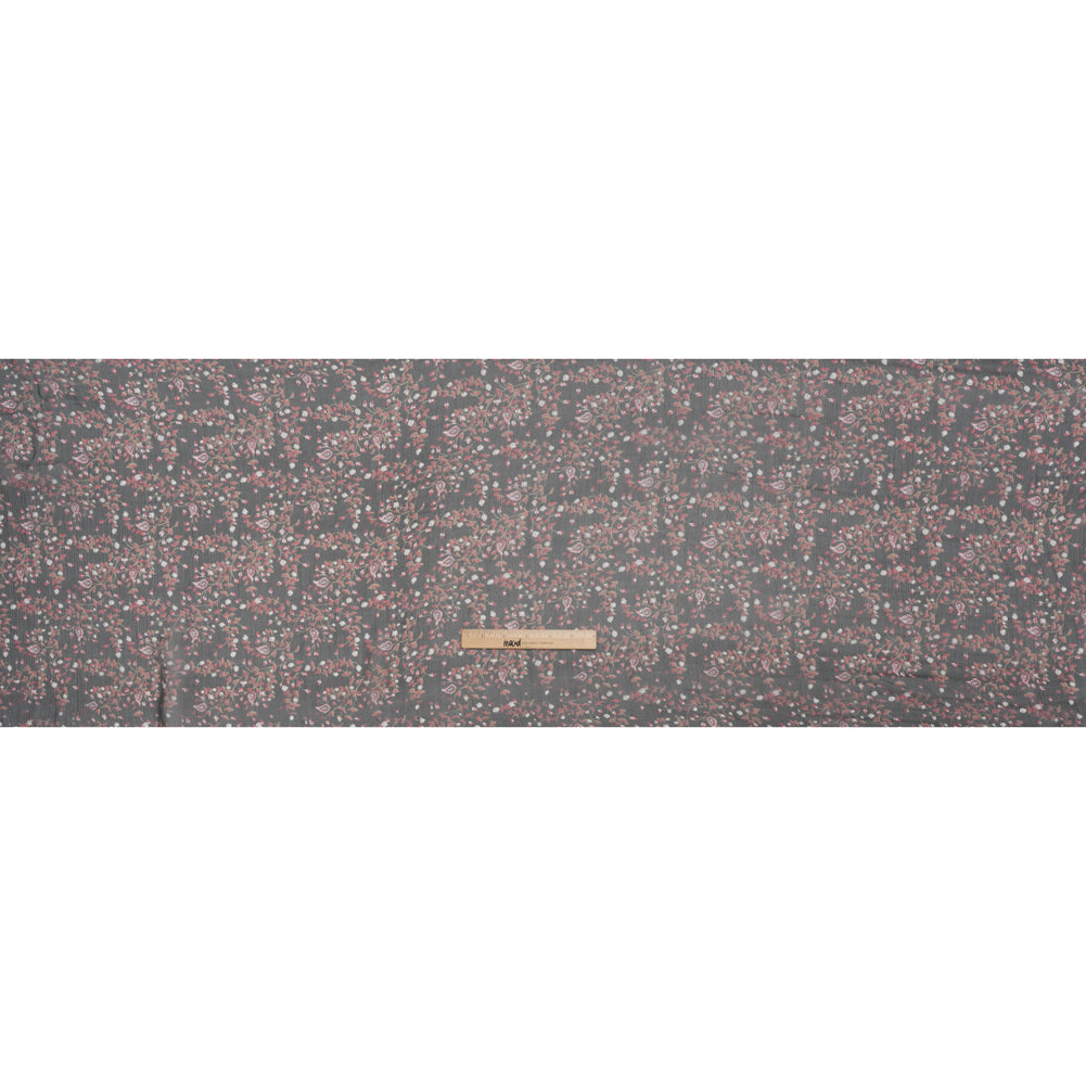 Crinkled Silk Chiffon Print - Red, Brown and Black Paisley and Budding Vines - Deadstock