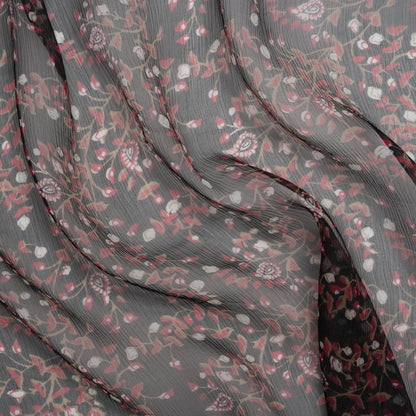 Crinkled Silk Chiffon Print - Red, Brown and Black Paisley and Budding Vines - Deadstock