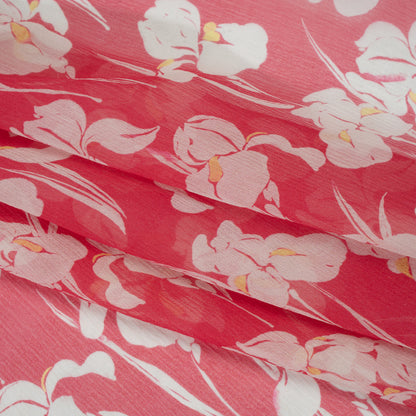 Crinkled Silk Chiffon - White, Yellow, and Dark Pink Orchids - Deadstock