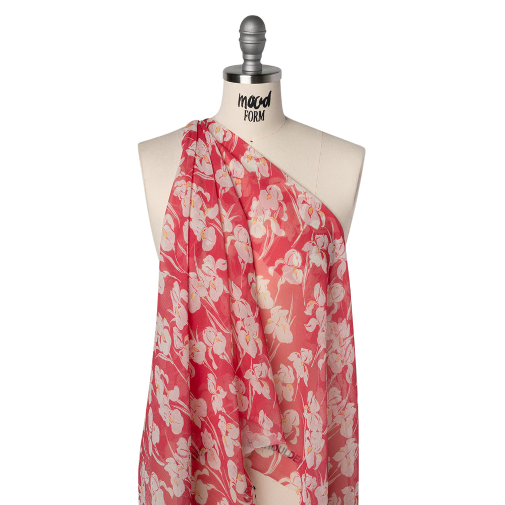 Crinkled Silk Chiffon - White, Yellow, and Dark Pink Orchids - Deadstock