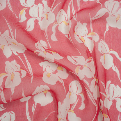 Crinkled Silk Chiffon - White, Yellow, and Dark Pink Orchids - Deadstock