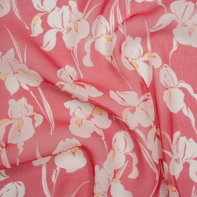 Crinkled Silk Chiffon - White, Yellow, and Dark Pink Orchids - Deadstock