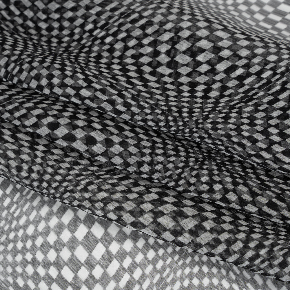 Silk Chiffon Print - Black and White Op Art Checkerboard - Deadstock