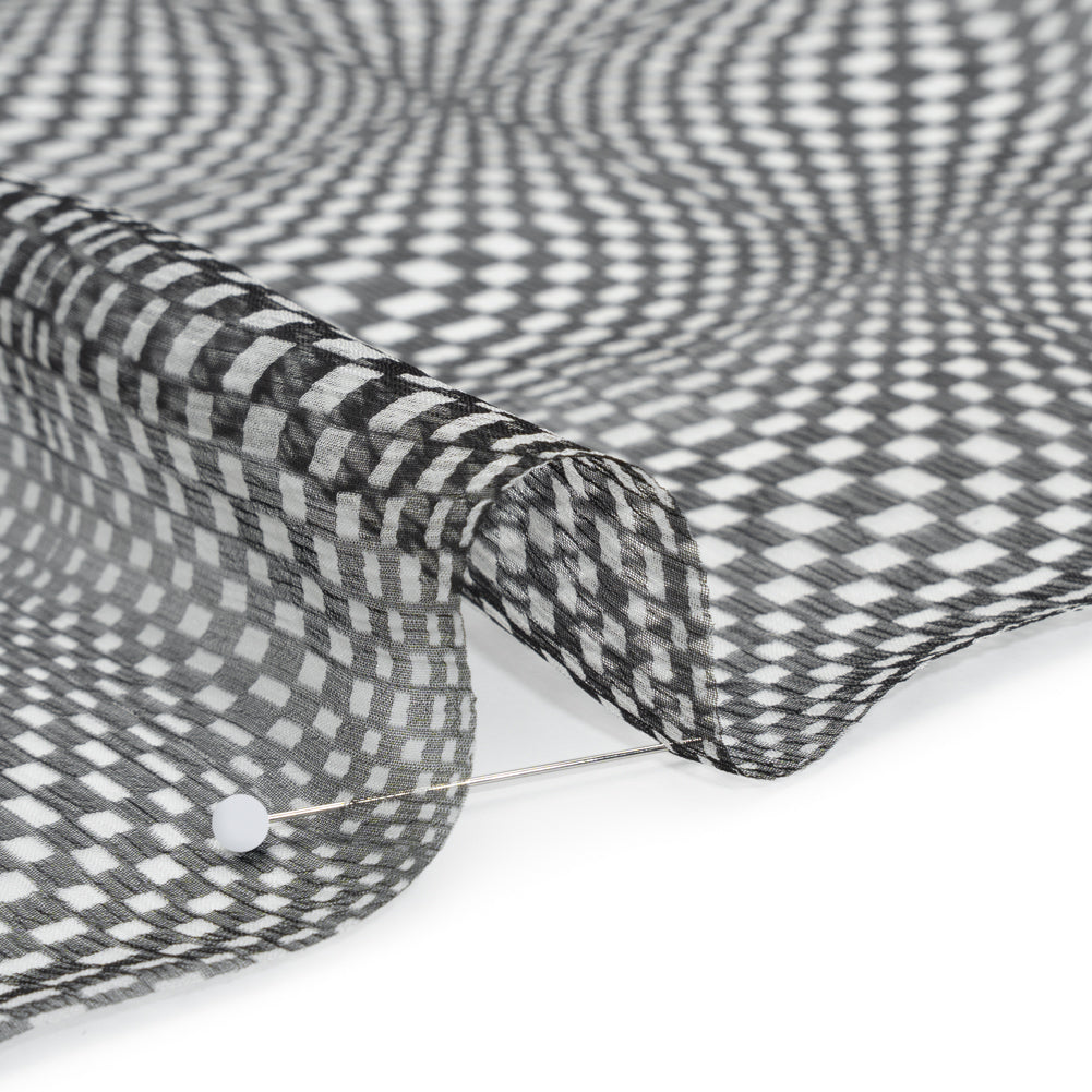 Silk Chiffon Print - Black and White Op Art Checkerboard - Deadstock