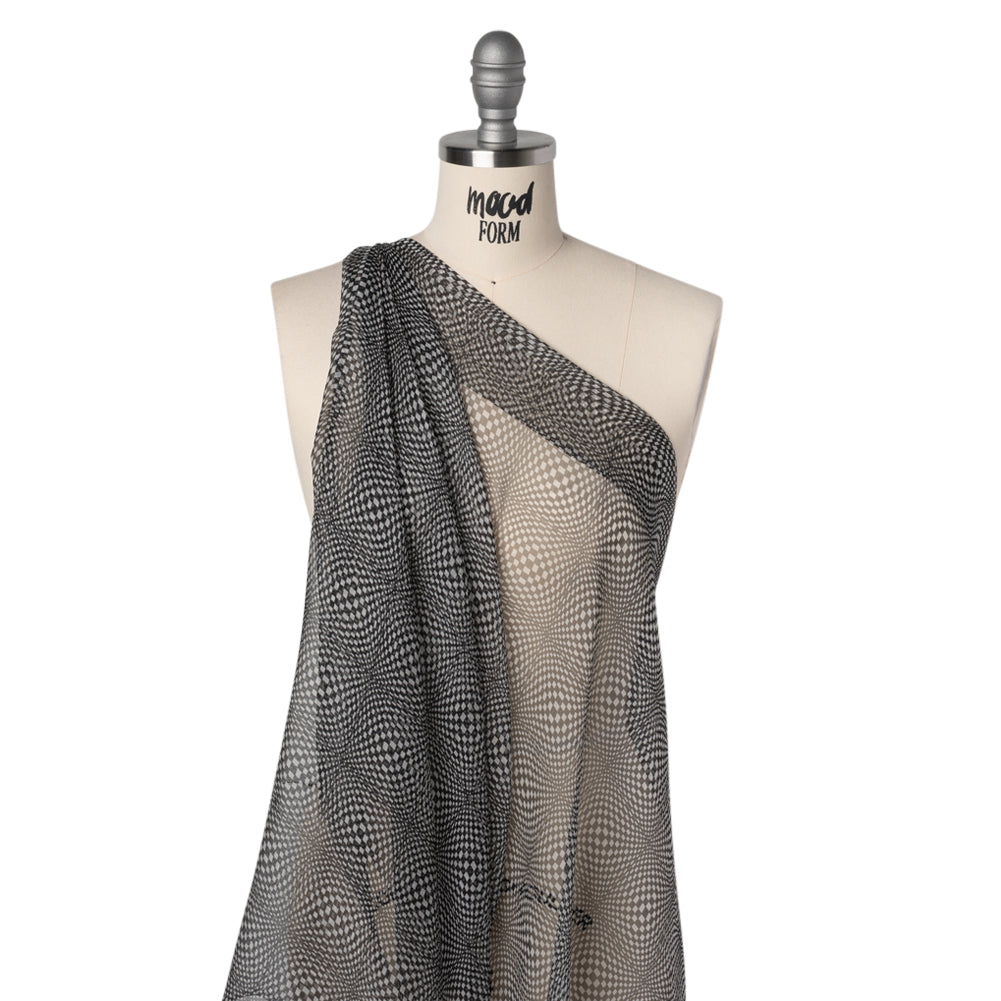 Silk Chiffon Print - Black and White Op Art Checkerboard - Deadstock