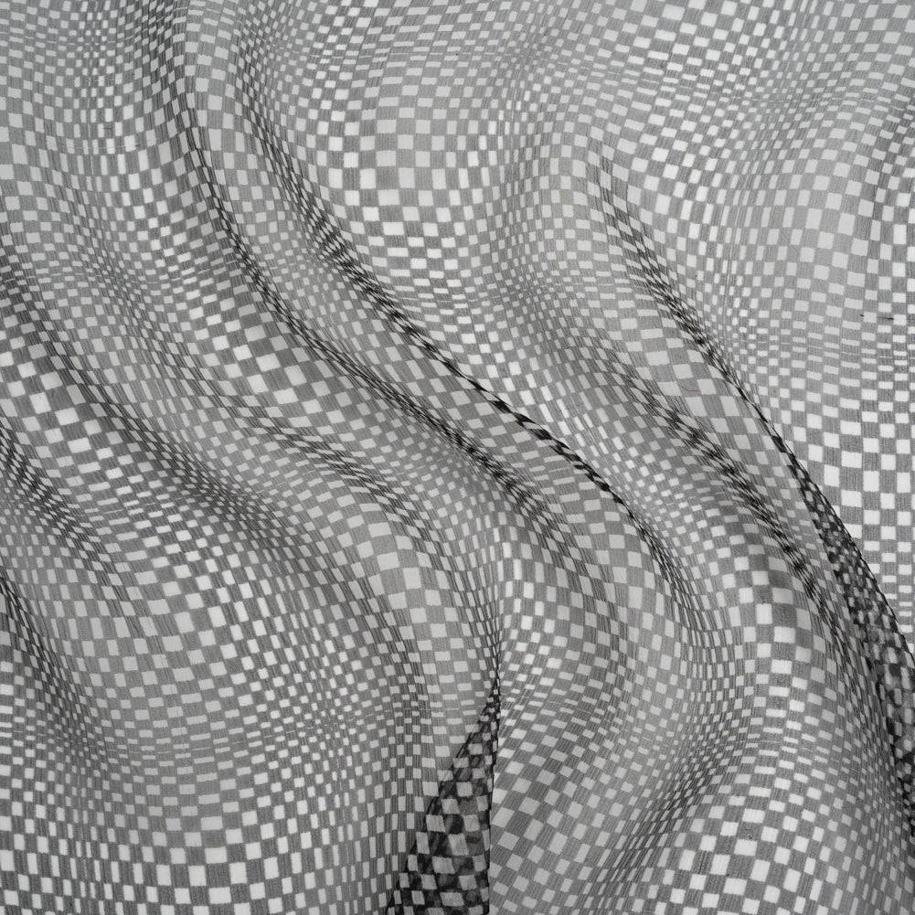 Silk Chiffon Print - Black and White Op Art Checkerboard - Deadstock