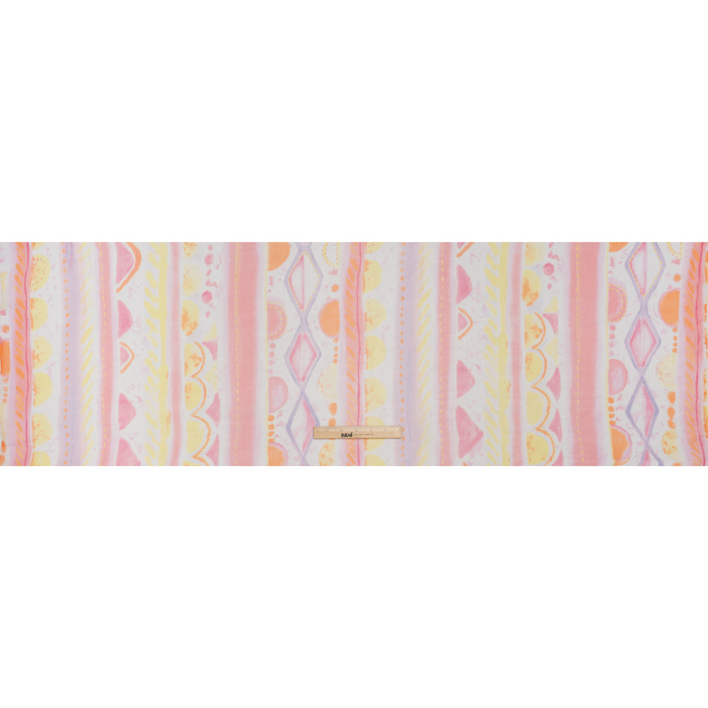 Crinkled Silk Chiffon Print - Pink, Pale Purple and Yellow Painterly Geometric Stripes - Deadstock