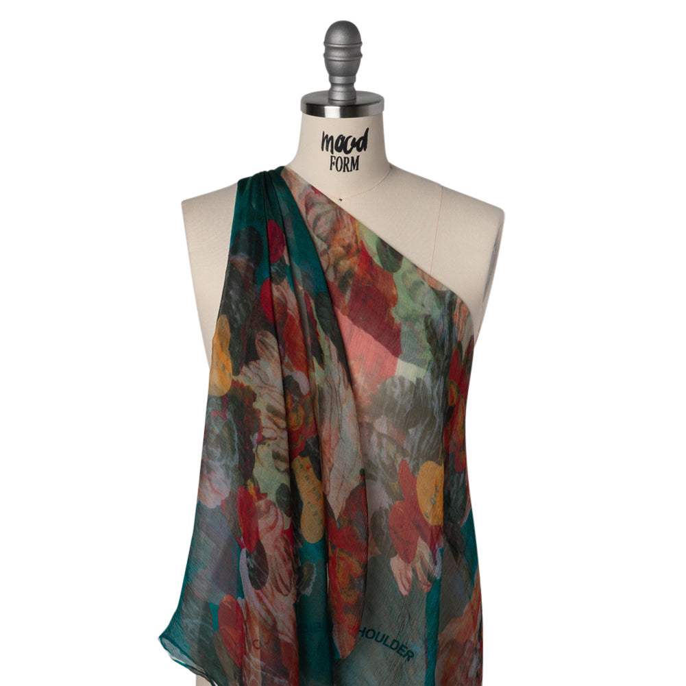 Crinkled Silk Chiffon Print - Dark Teal, Green and Red Abstract Florals - Deadstock