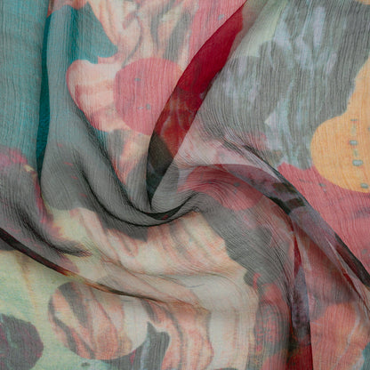 Crinkled Silk Chiffon Print - Dark Teal, Green and Red Abstract Florals - Deadstock