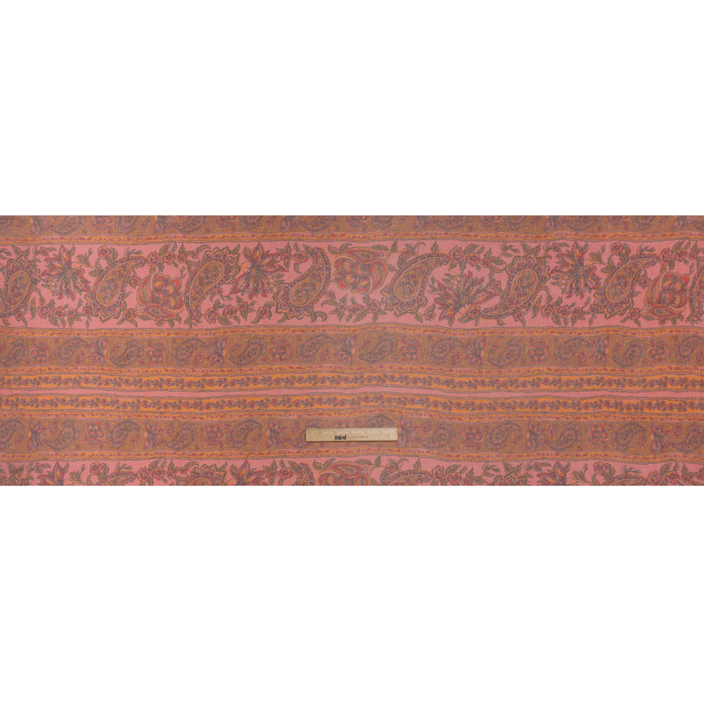 Crinkled Silk Chiffon Print - Pink, Dark Orange and Red Paisley and Floral Stripe - Deadstock