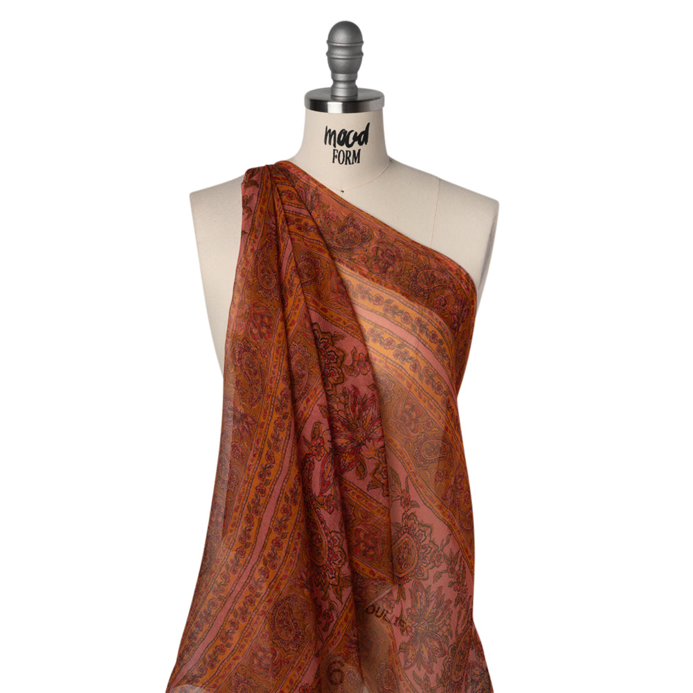 Crinkled Silk Chiffon Print - Pink, Dark Orange and Red Paisley and Floral Stripe - Deadstock