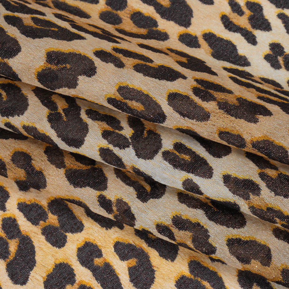 Metallic Silk Lame Print - Beige and Dark Brown Leopard Spots - Deadstock