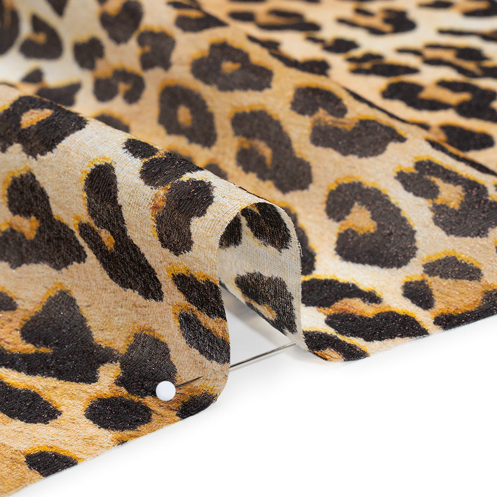 Metallic Silk Lame Print - Beige and Dark Brown Leopard Spots - Deadstock