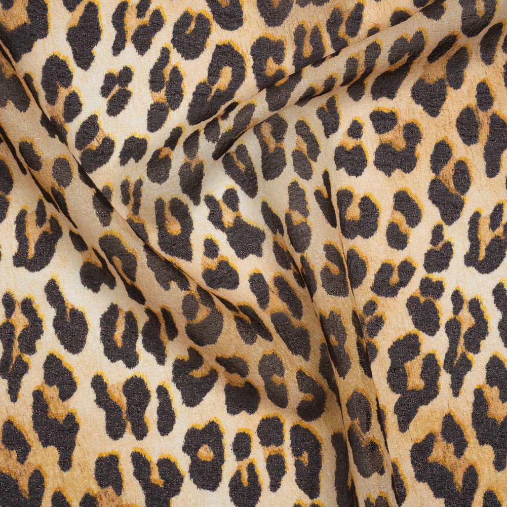 Metallic Silk Lame Print - Beige and Dark Brown Leopard Spots - Deadstock